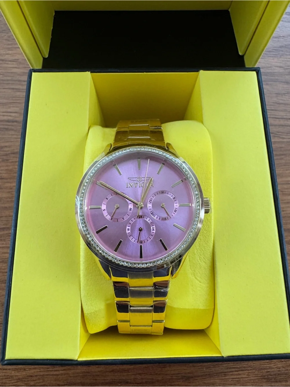 Angel Lady Invicta Gold-Tone Bracelet Watch with Pink Dial & Crystal Bezel 38mm